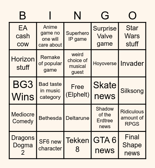 Game Awards 2023 Bingo Card