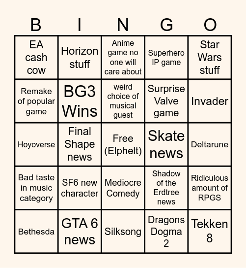 Game Awards 2023 Bingo Card