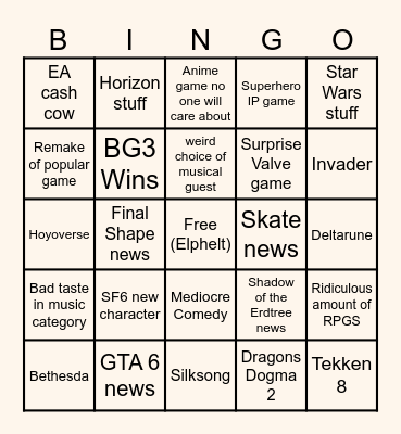 Game Awards 2023 Bingo Card