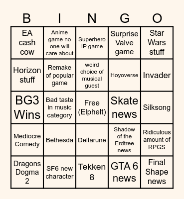 Game Awards 2023 Bingo Card