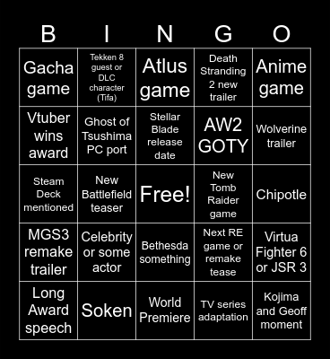 The Game Awards 2023 Bingo Card
