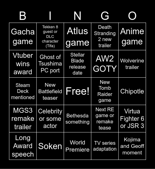 The Game Awards 2023 Bingo Card