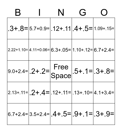 Decimal Bingo Card