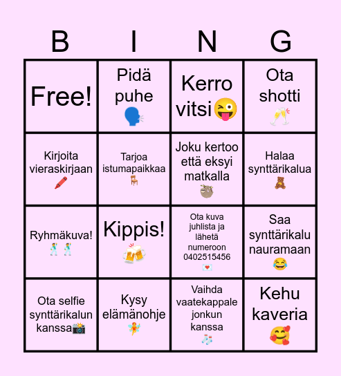 Synttäri bingo Card