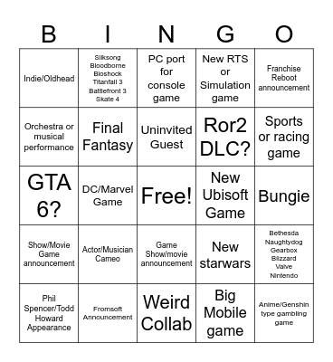 Game awards 2023 Bingo Card