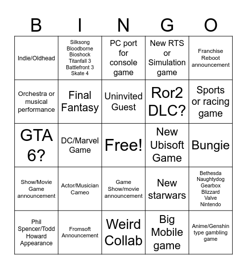 Game awards 2023 Bingo Card