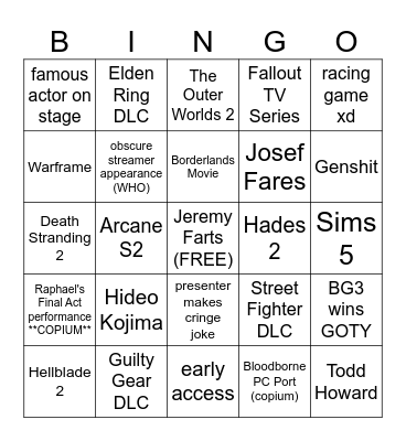 The Game Awards 2023 Bingo Card