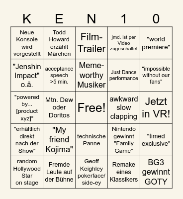 Game Awards 2023 Bingo Card