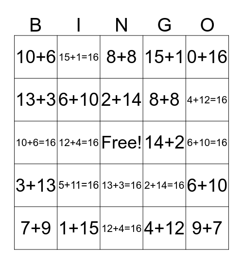 16 Fact Family Bingo Card