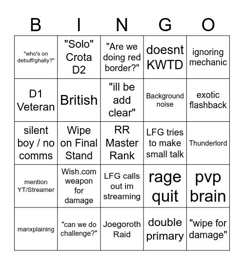 LFG Bingo Card