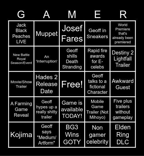 Game Awards 2023 Bingo Card