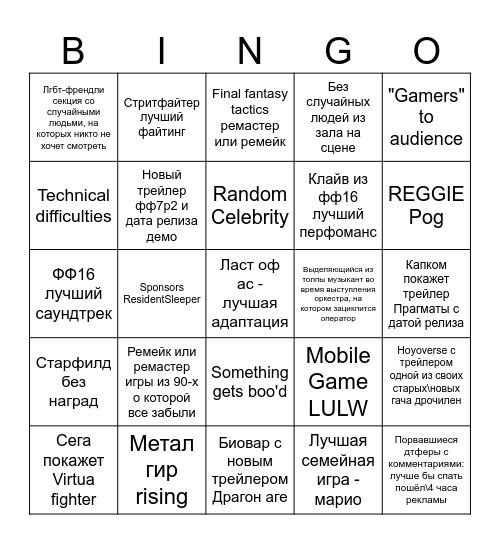 The game awards bingo Card