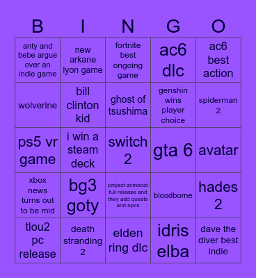 game awards Bingo Card