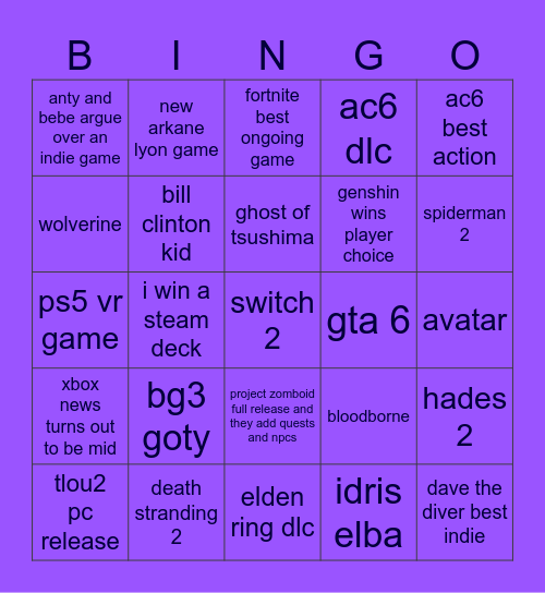 game awards Bingo Card