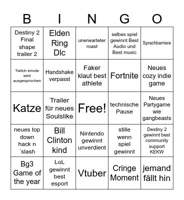 Game awards 2023 Bingo Card