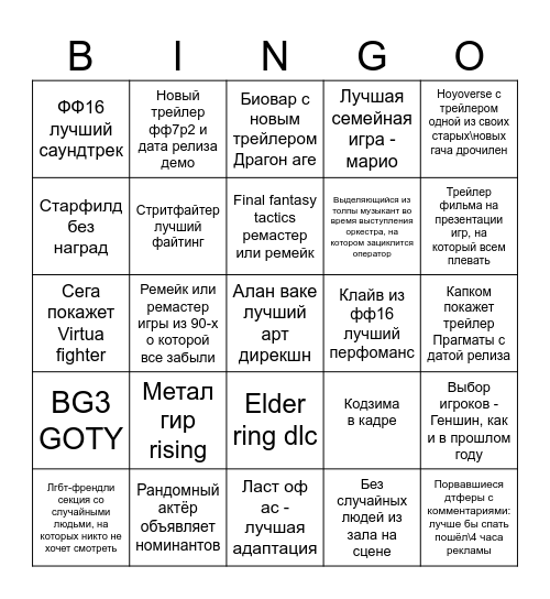 The game awards bingo Card