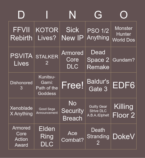 TGA 2023 Bingo Card