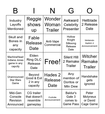 The Game Awards 2023 Bingo Card