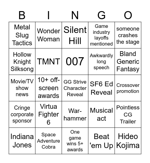 The Game Awards 2023 Bingo Card