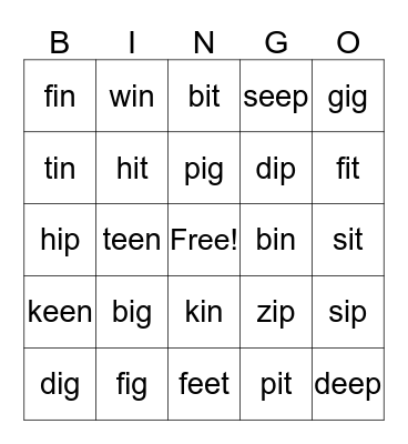 Short "i" Sounds Bingo Card