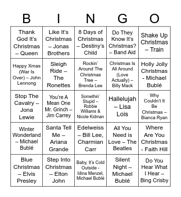 Christmas Music Bingo Card