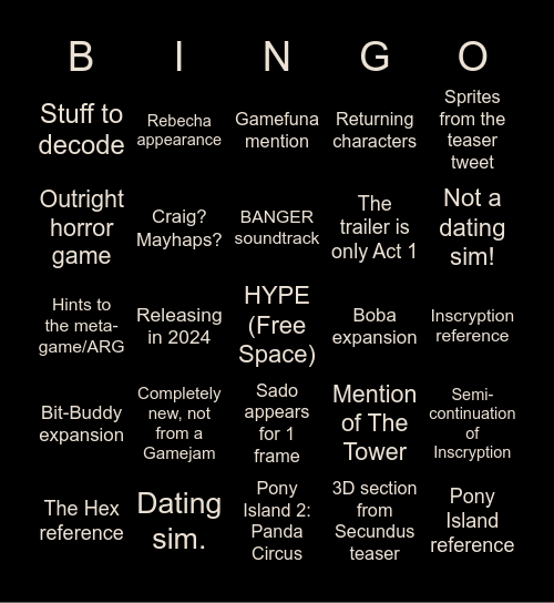 New Game Trailer! Bingo Card
