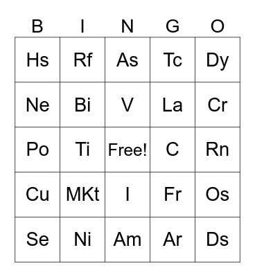 Full Periodic Table of the Elements Bingo Card