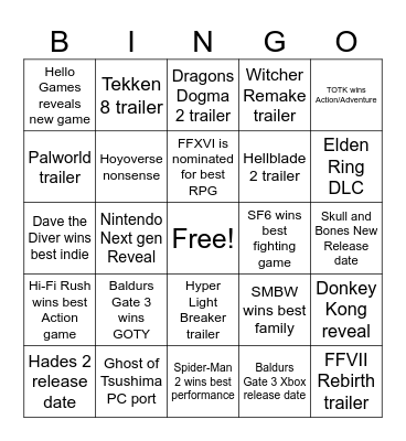 The Game Awards 2023 Bingo Card
