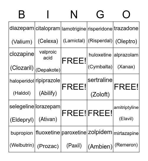 Medication Education Bingo Card