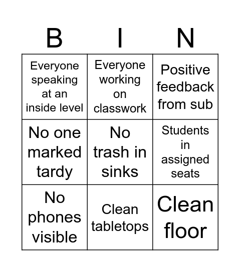 Sub Plans BINGO Card Bingo Card