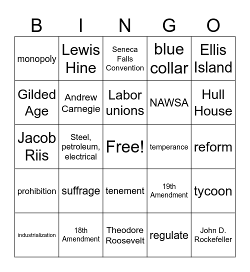 Progressive Era Bingo Card