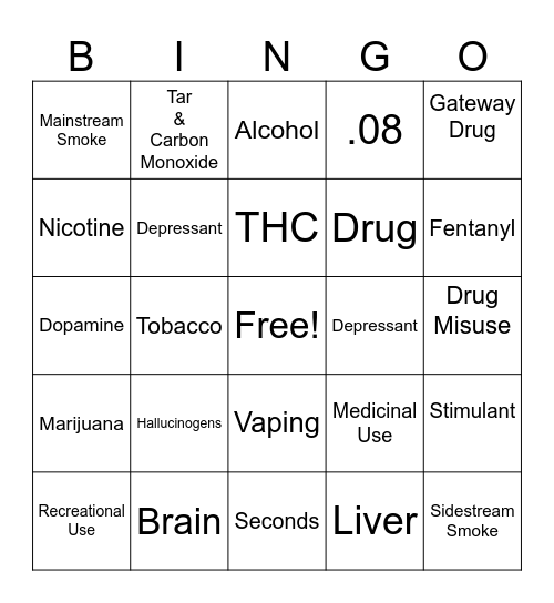 Alcohol, Tobacco, Drugs Bingo Card