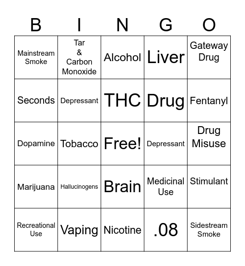 Alcohol, Tobacco, Drugs Bingo Card