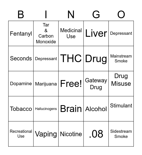 Alcohol, Tobacco, Drugs Bingo Card