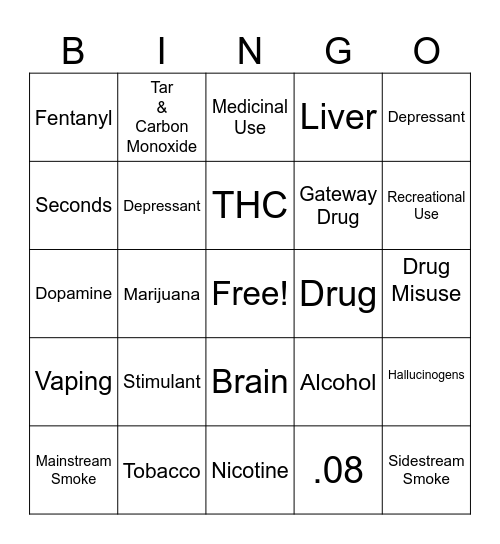 Alcohol, Tobacco, Drugs Bingo Card