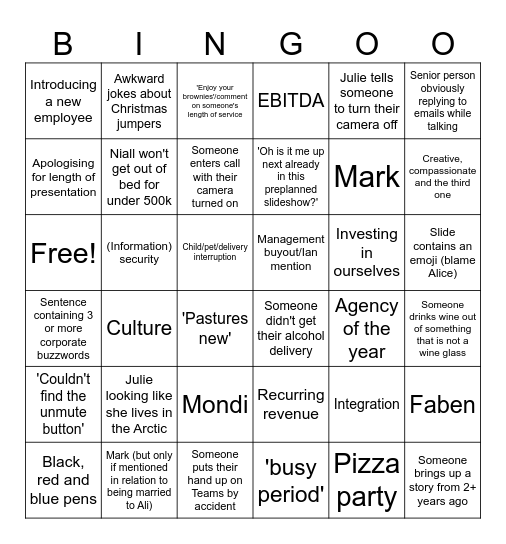 Company update bingo Card