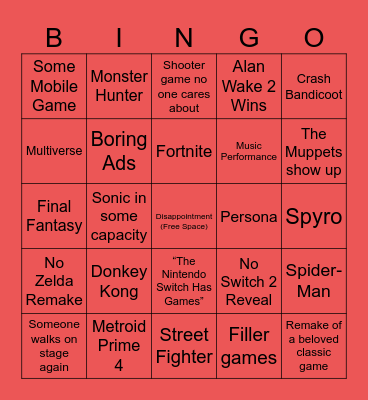 Game Awards 2023 Bingo Card