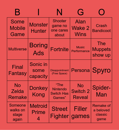 Game Awards 2023 Bingo Card