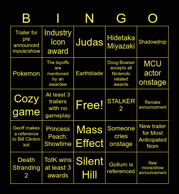 Game Awards 2023 Bingo Card