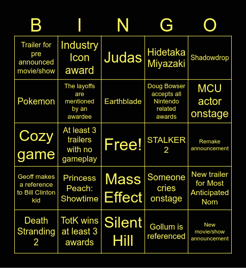 Game Awards 2023 Bingo Card