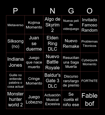 The Game Awards Bingo Card