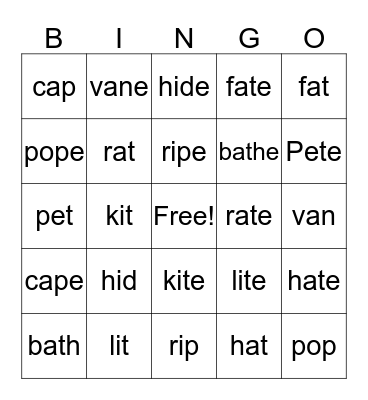 Silent E Bingo Card