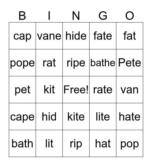 Silent E Bingo Card