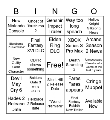 The Game Awards 2023 Bingo Card