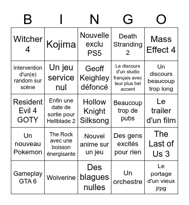 Game Awards 2023 Bingo Card