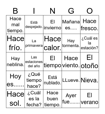 El tiempo en español  Bingo Card