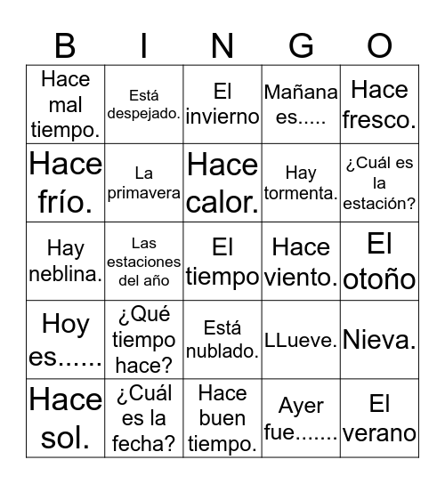 El tiempo en español  Bingo Card