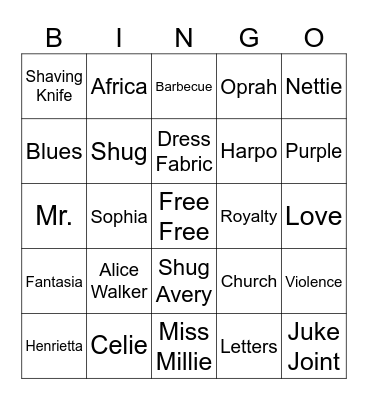 The Color Purple Bingo Card