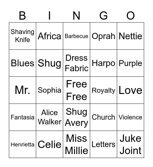 The Color Purple Bingo Card