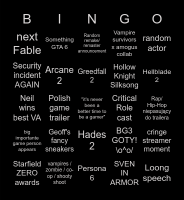 TGA 2023 goys Bingo Card